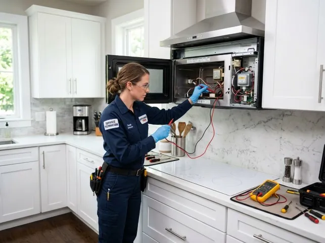 Appliance Repair Hero technician testing an over-the-range microwave in a Bettendorf, IA kitchen